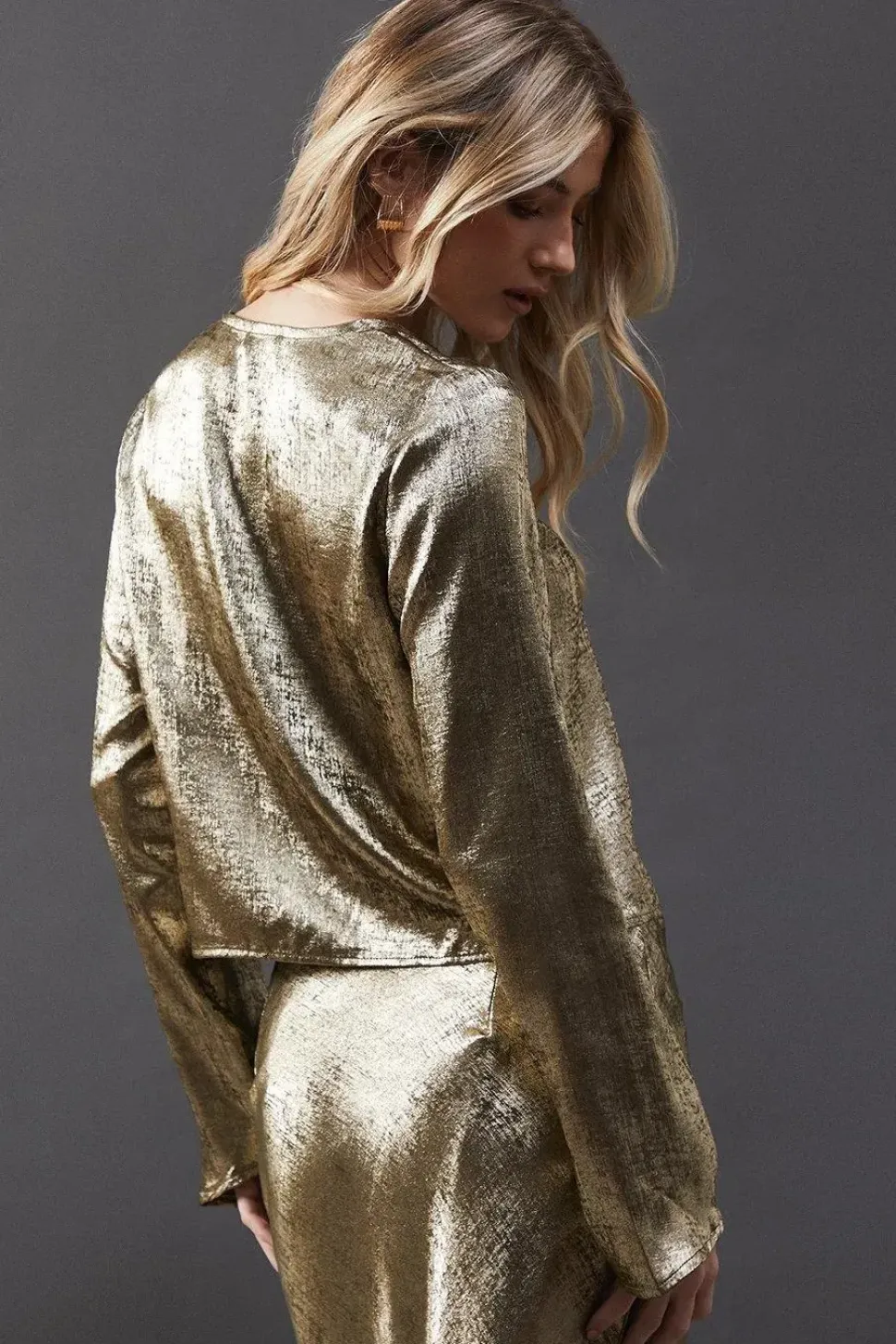 Metallic Satin Tie Front Top