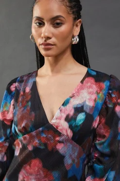 Metallic Shadow Stripe Gathered Sleeve Plunge Neck Maxi Dress