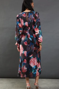Metallic Shadow Stripe Gathered Sleeve Plunge Neck Maxi Dress