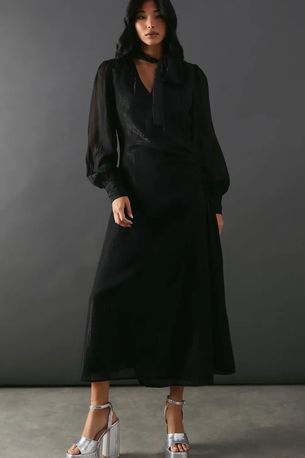 Metallic Shadow Stripe Tie Neck Button Side Wrap Midi Dress