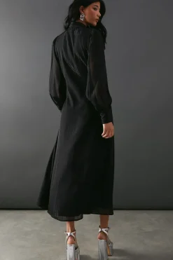 Metallic Shadow Stripe Tie Neck Button Side Wrap Midi Dress