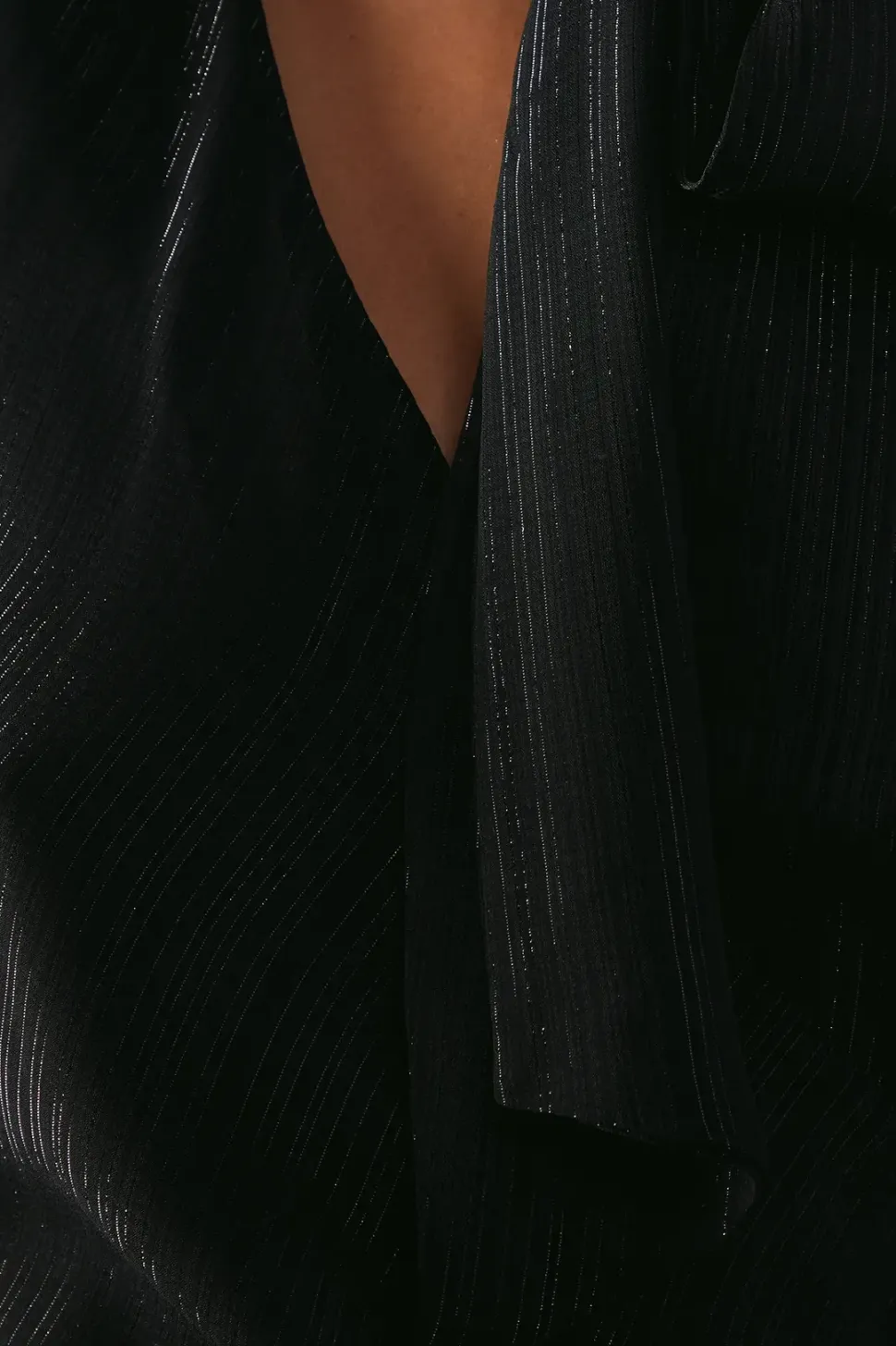 Metallic Shadow Stripe Tie Neck Button Side Wrap Midi Dress