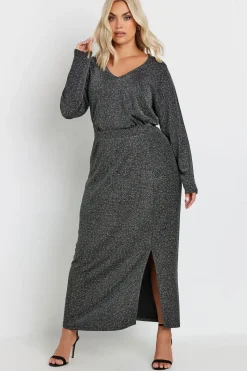 Metallic Side Split Midi Skirt