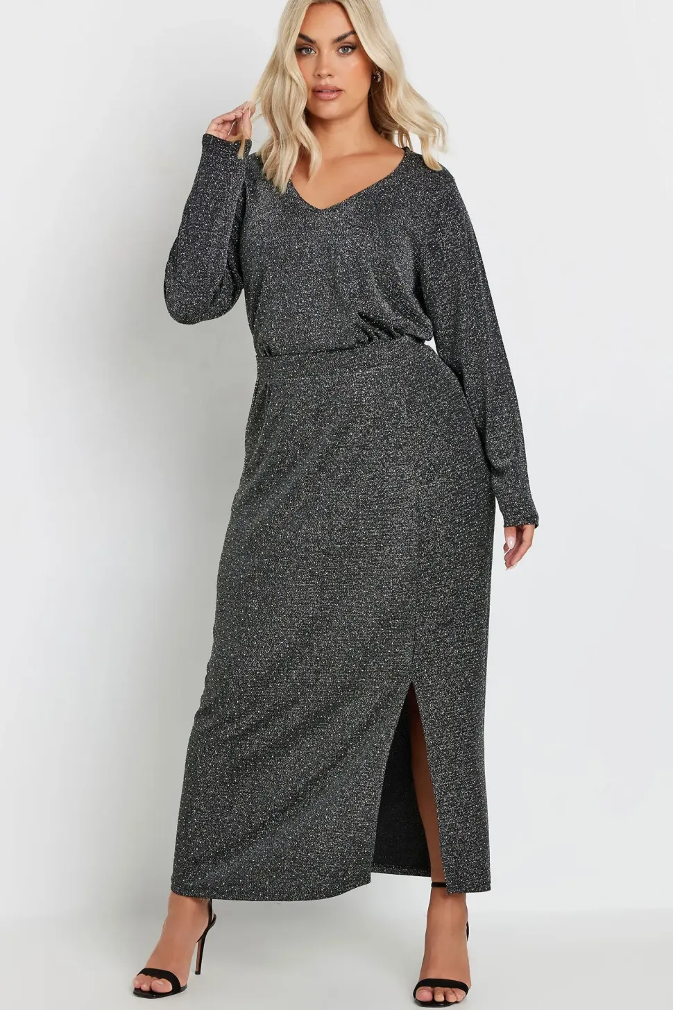 Metallic Side Split Midi Skirt