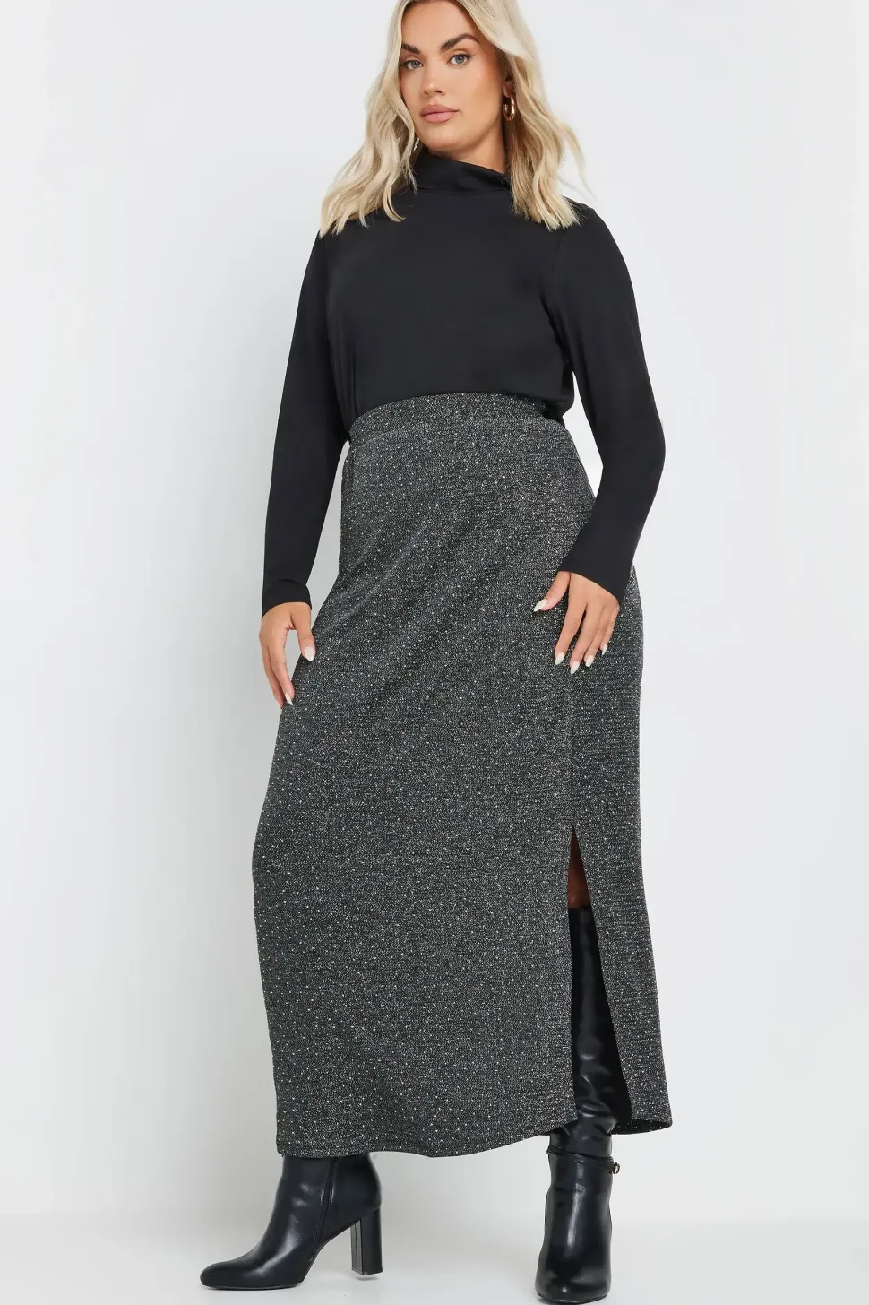 Metallic Side Split Midi Skirt