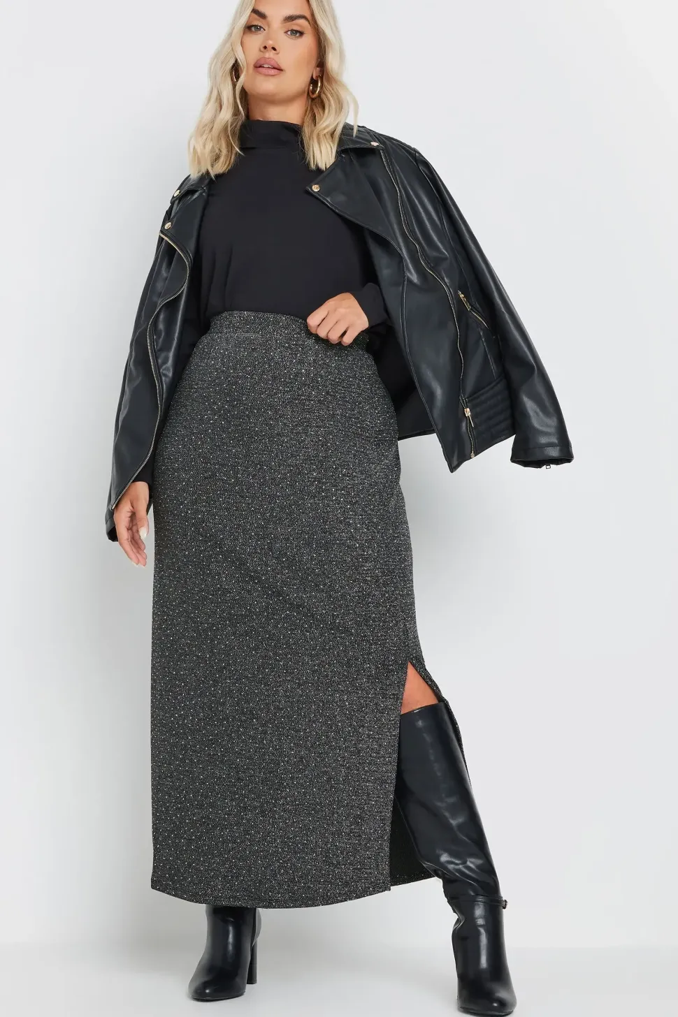 Metallic Side Split Midi Skirt