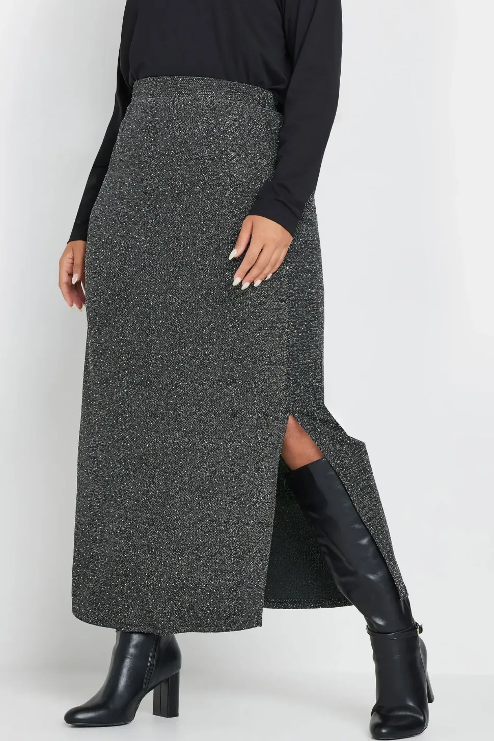 Metallic Side Split Midi Skirt