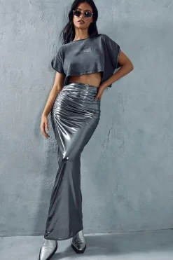 Metallic Slinky Ruched Side Maxi Skirt