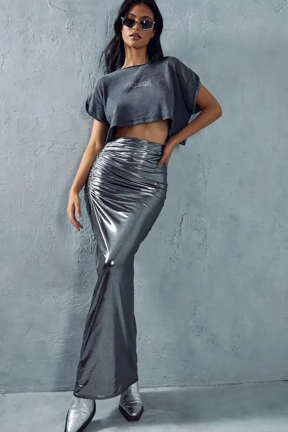 Metallic Slinky Ruched Side Maxi Skirt