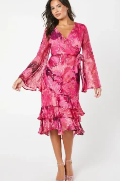 Metallic Spot Printed Wrap Dress With Ruffle Skirt