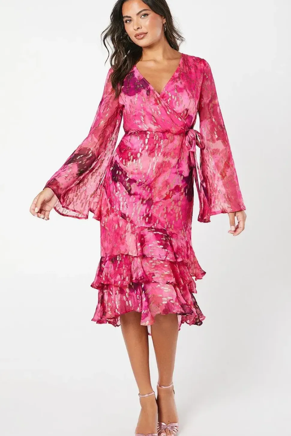 Metallic Spot Printed Wrap Dress With Ruffle Skirt