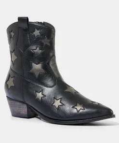 Metallic Star Embroidered Western Leather Ankle Boots
