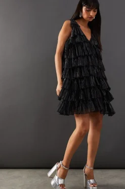 Metallic Stripe Multi Frill V Neck Mini Dress
