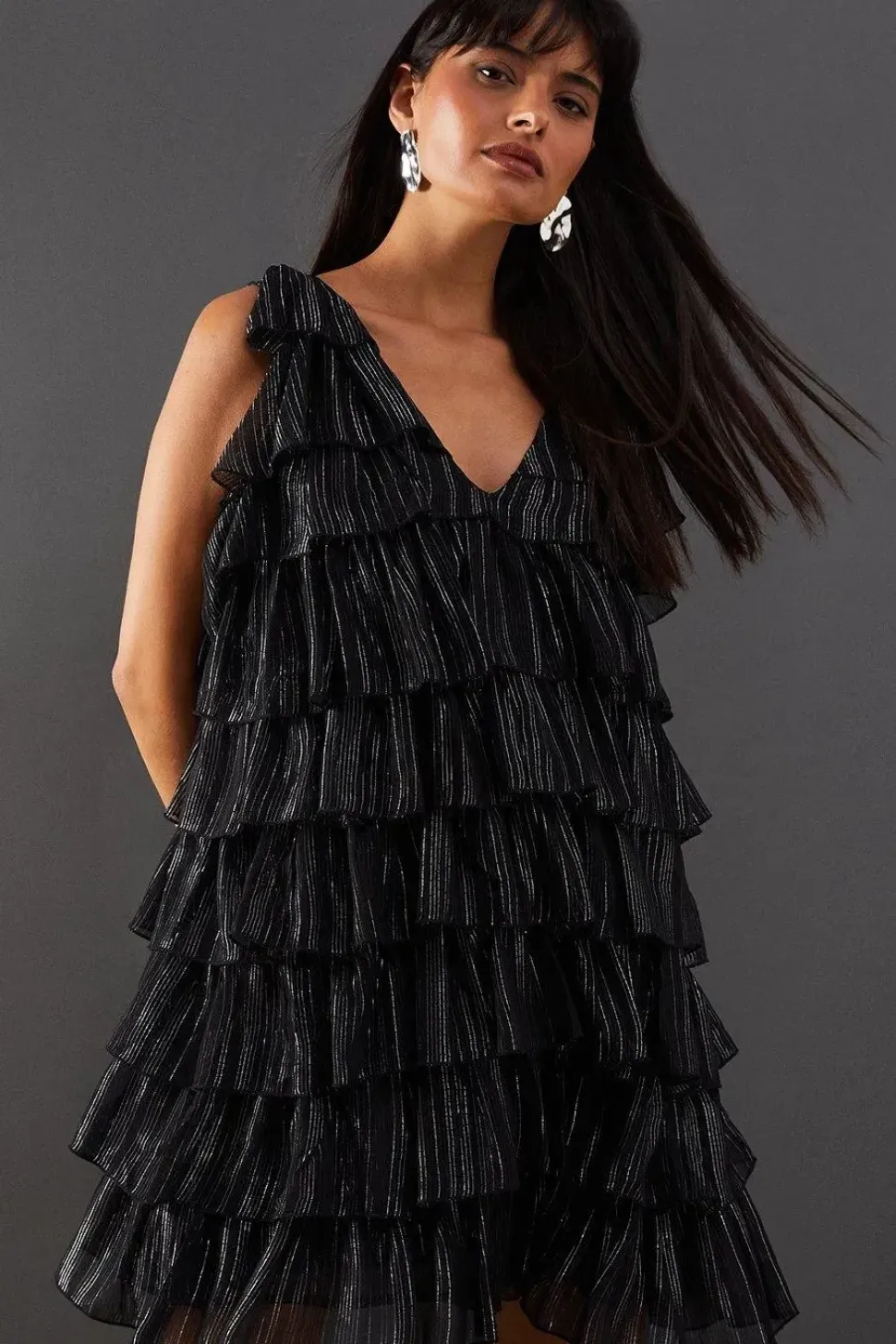 Metallic Stripe Multi Frill V Neck Mini Dress