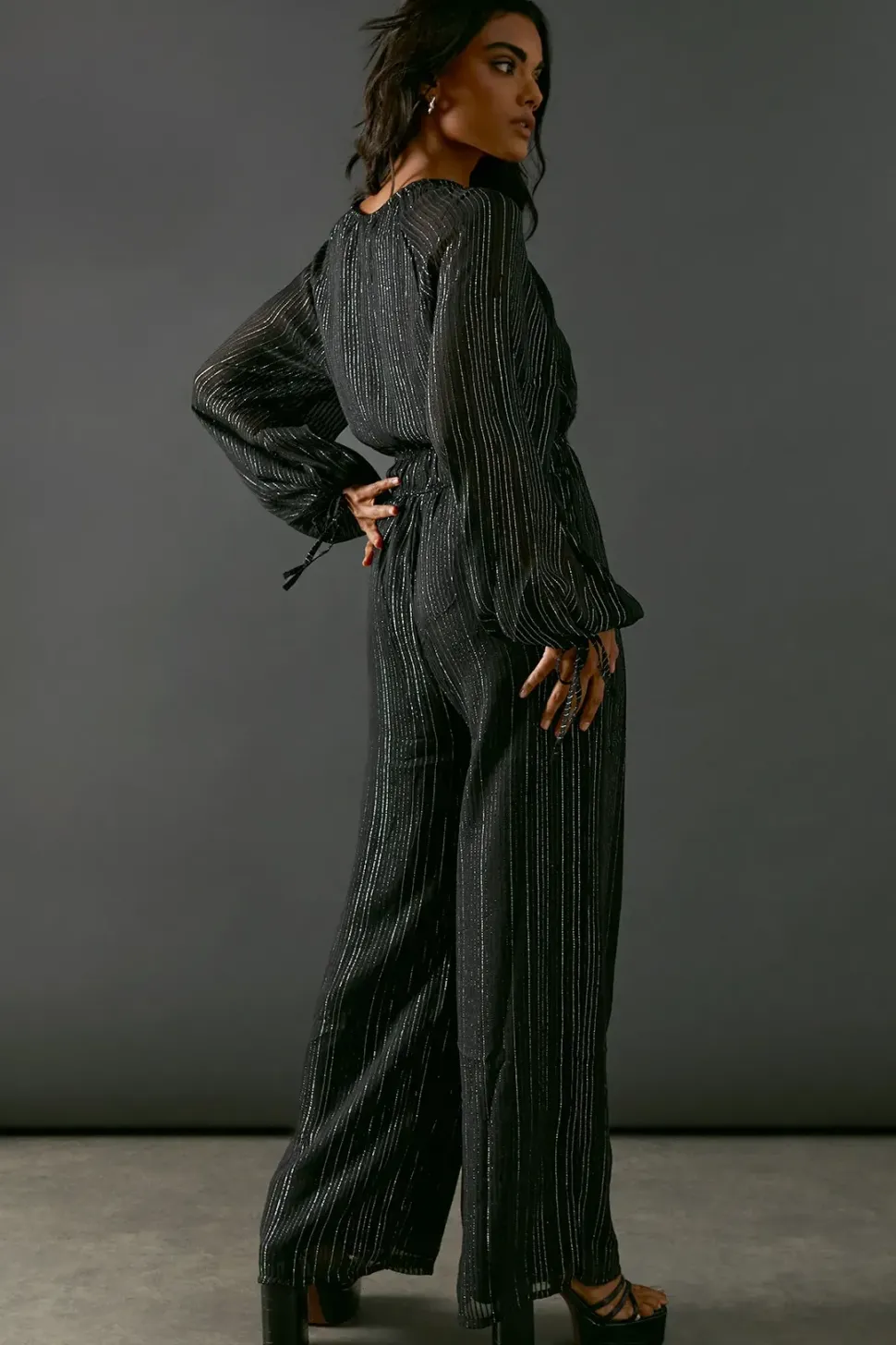 Metallic Stripe Tie Neck Waisted Jumpsuit