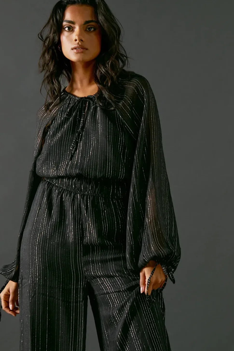 Metallic Stripe Tie Neck Waisted Jumpsuit
