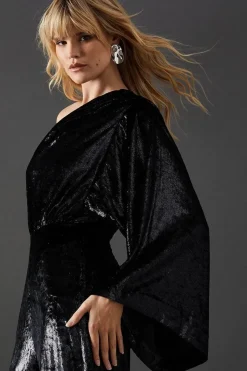 Metallic Texture One Shoulder Flared Sleeve Jumpsuit