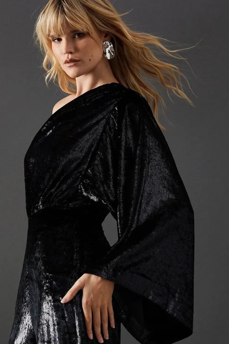 Metallic Texture One Shoulder Flared Sleeve Jumpsuit