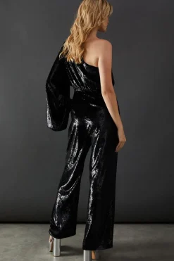 Metallic Texture One Shoulder Flared Sleeve Jumpsuit