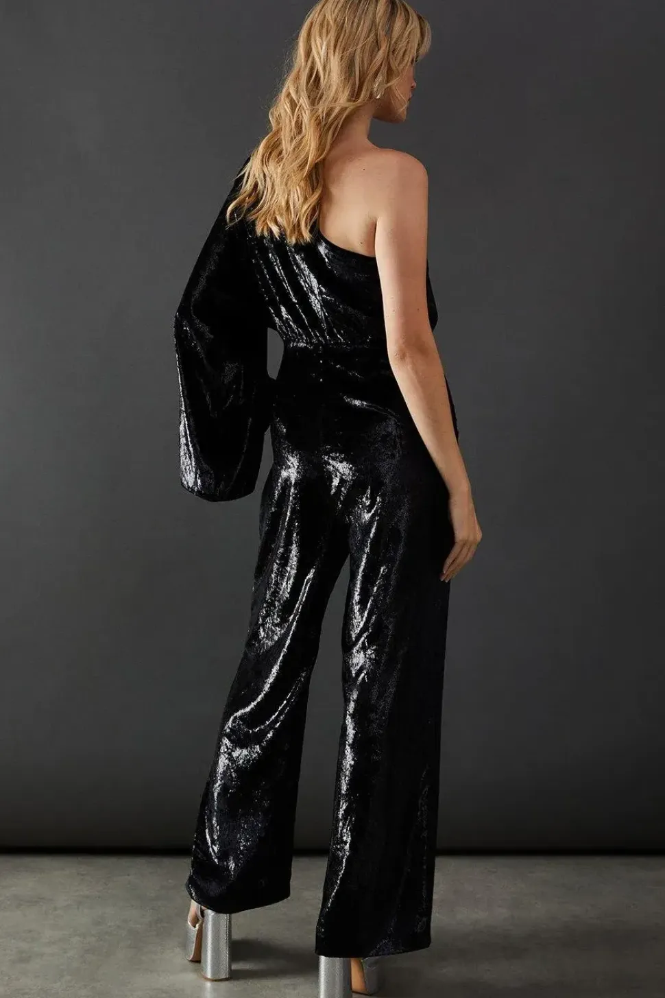 Metallic Texture One Shoulder Flared Sleeve Jumpsuit