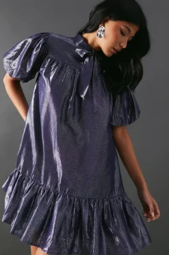 Metallic Tie Neck Puff Sleeve Tier Hem Mini Dress