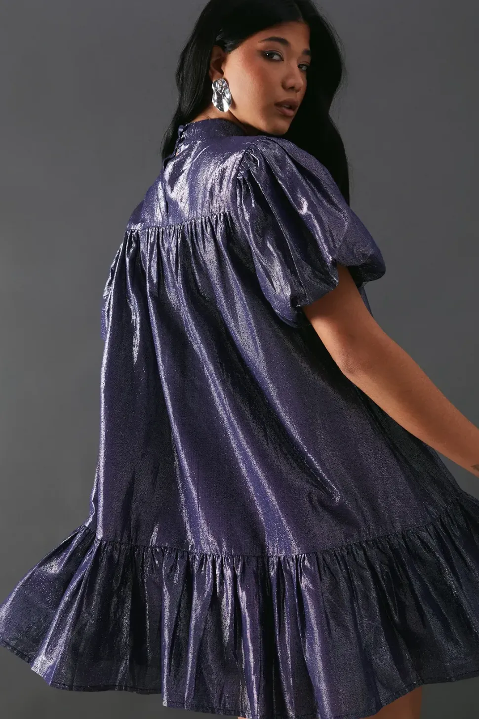 Metallic Tie Neck Puff Sleeve Tier Hem Mini Dress