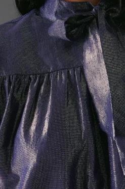 Metallic Tie Neck Puff Sleeve Tier Hem Mini Dress
