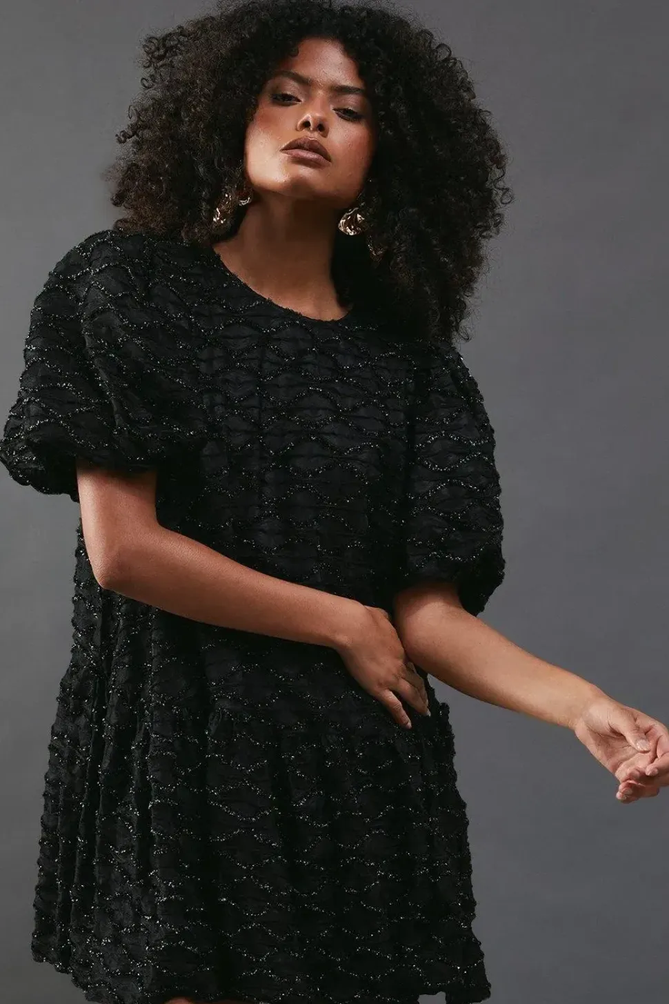 Metallic Tinsel Drop Waist Mini Smock Dress