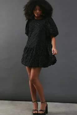 Metallic Tinsel  Drop Waist Mini Smock Dress