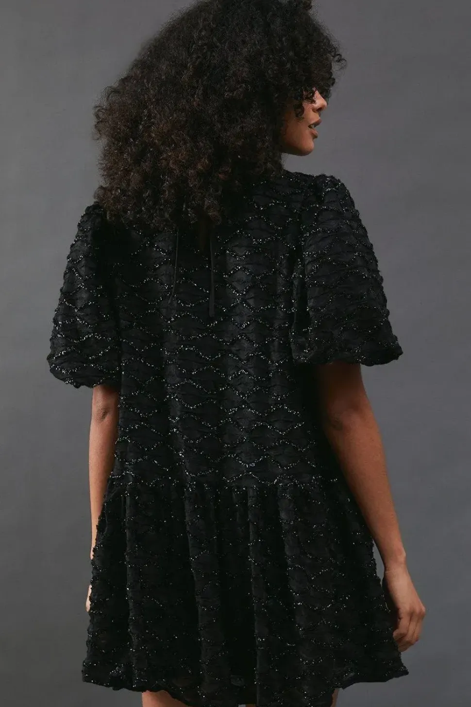 Metallic Tinsel Drop Waist Mini Smock Dress