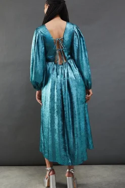 Metallic V Neck Open Back Midi Dress