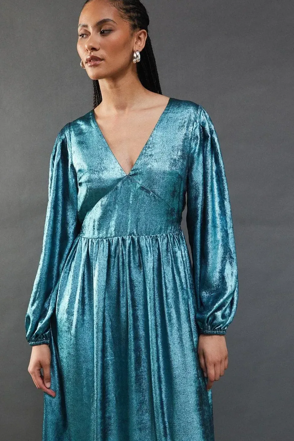 Metallic V Neck Open Back Midi Dress