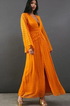 Metallic V Plunge Kimono Sleeve Maxi Dress