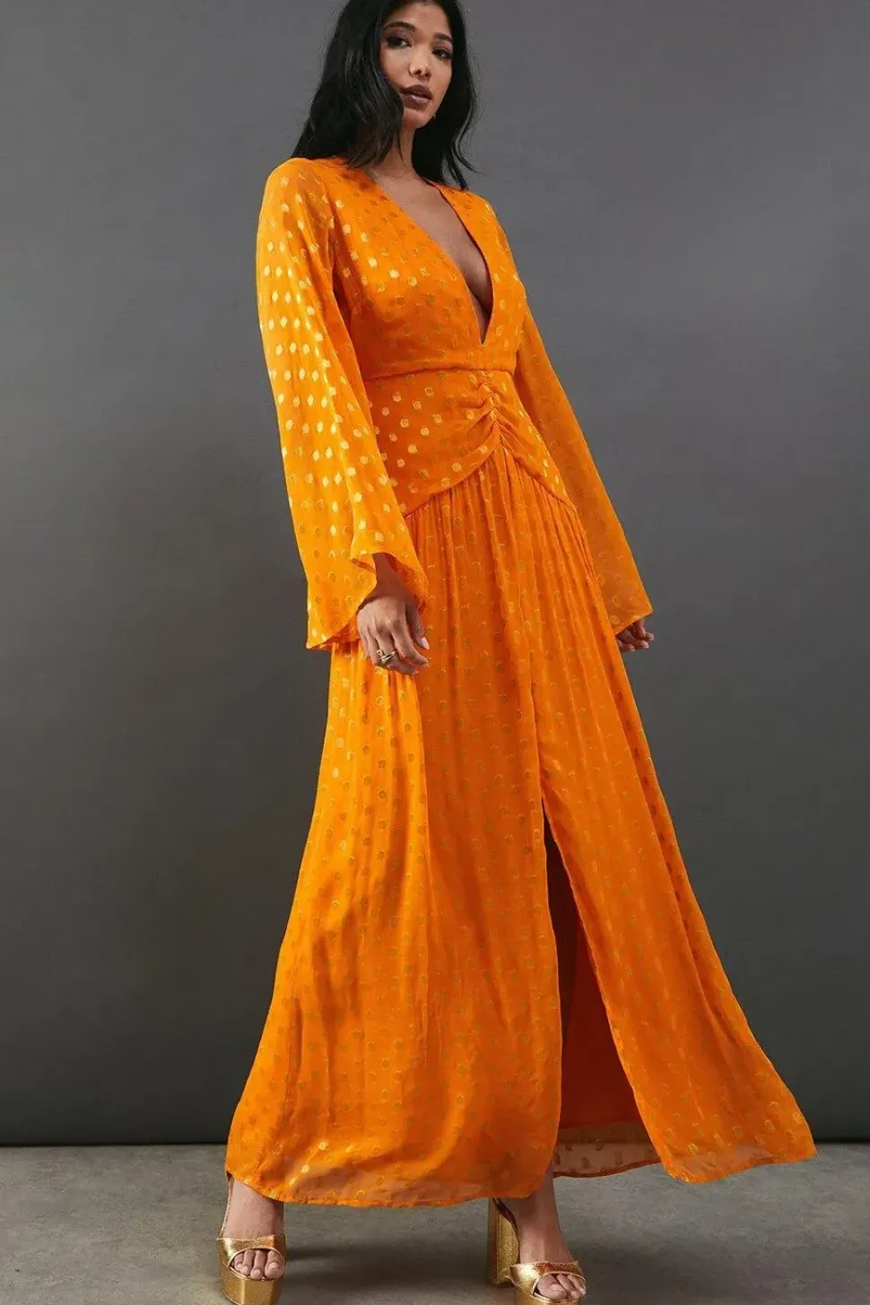 Metallic V Plunge Kimono Sleeve Maxi Dress