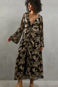 Metallic V Plunge Maxi Dress