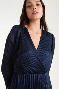 Metallic Wrap Front Plisse Midi Dress