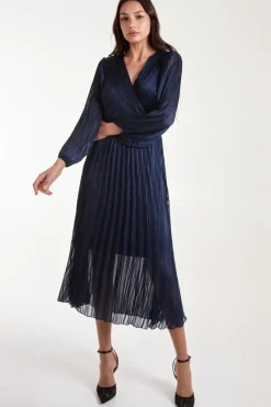 Metallic Wrap Front Plisse Midi Dress