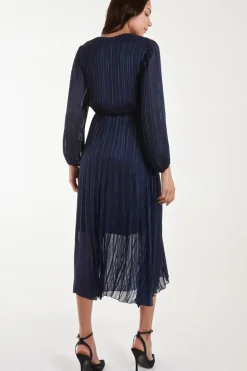 Metallic Wrap Front Plisse Midi Dress