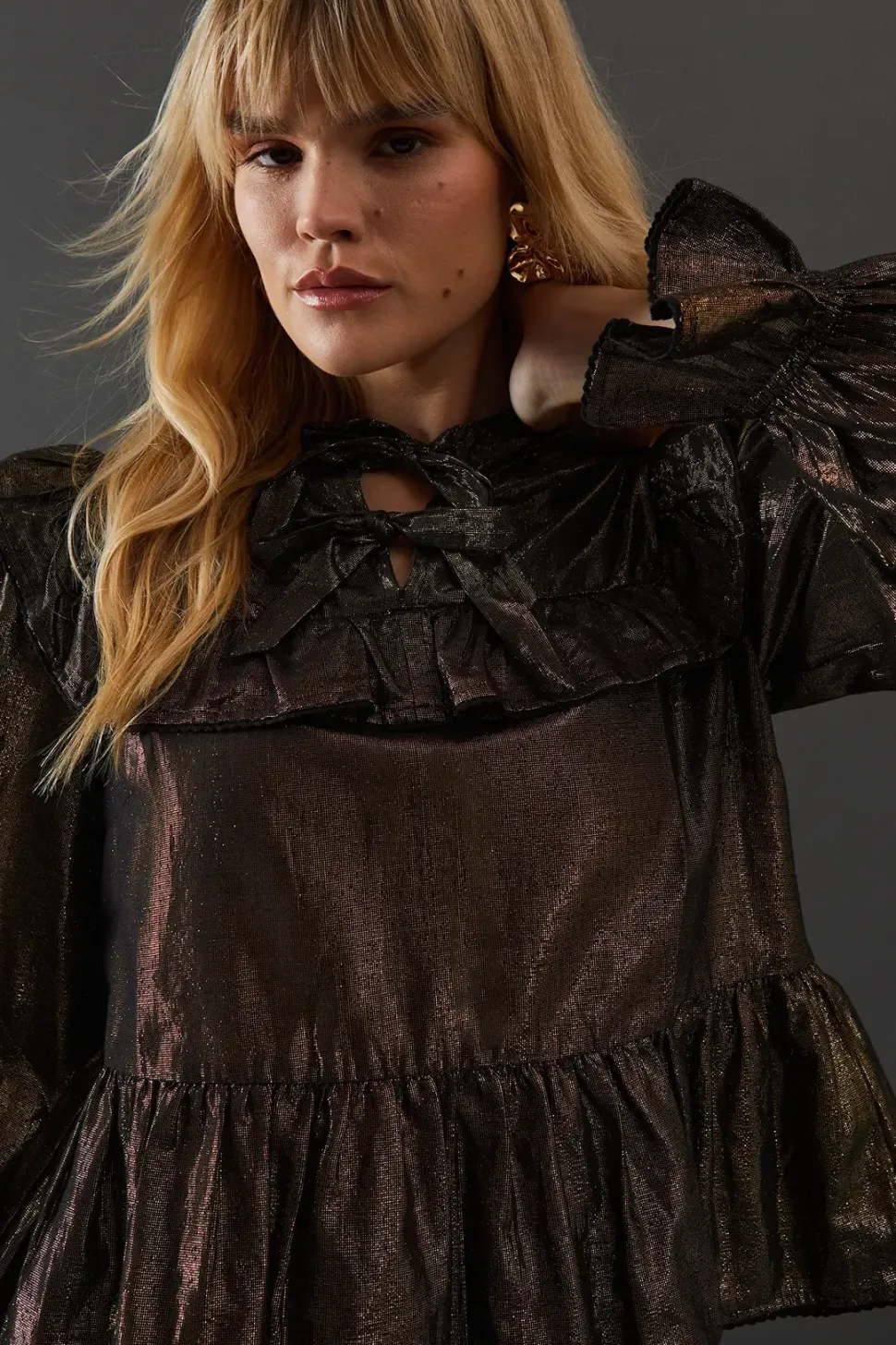 Metallic Yoke Frill Tie Neck Blouse