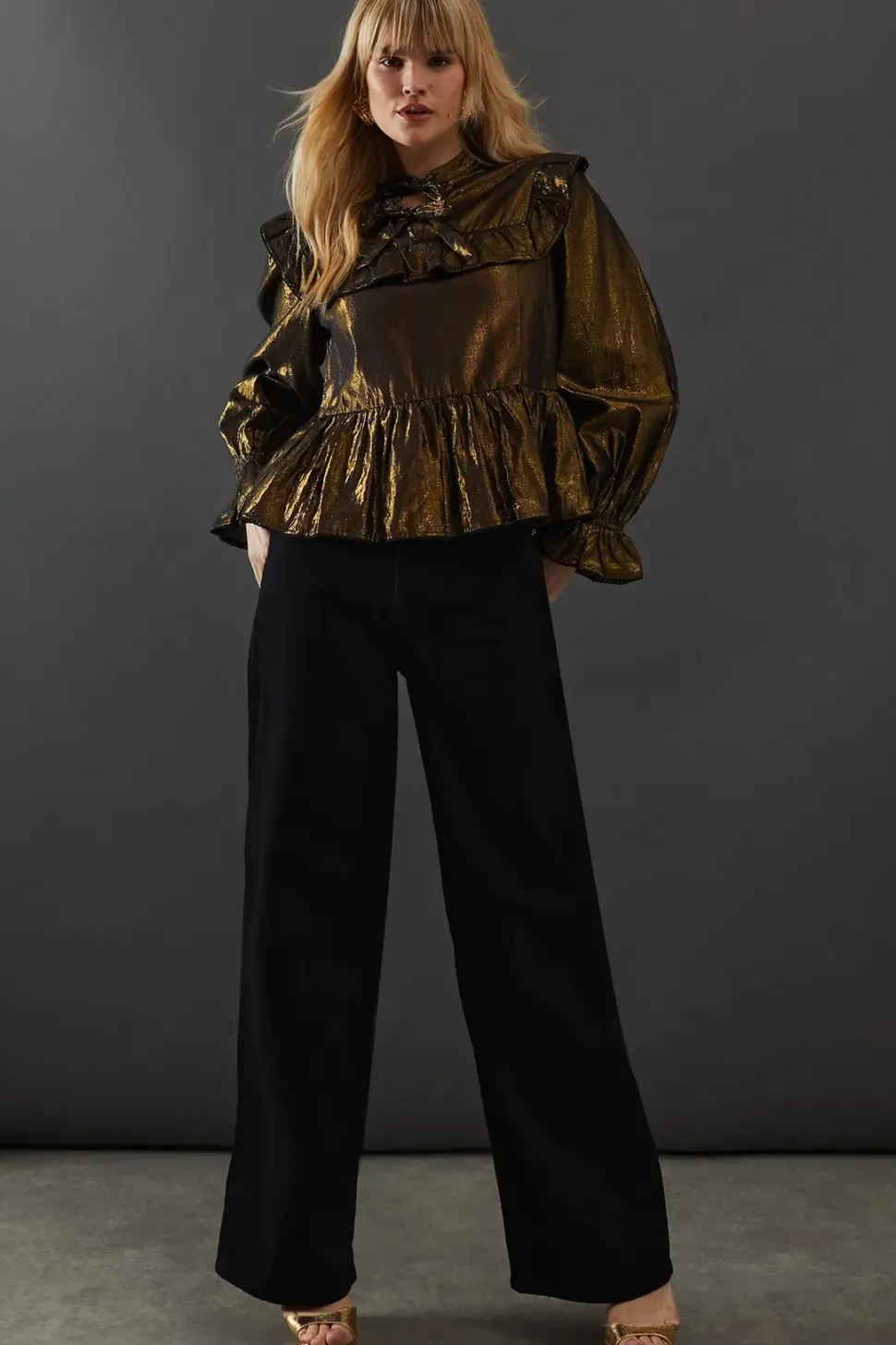 Metallic Yoke Frill Tie Neck Blouse