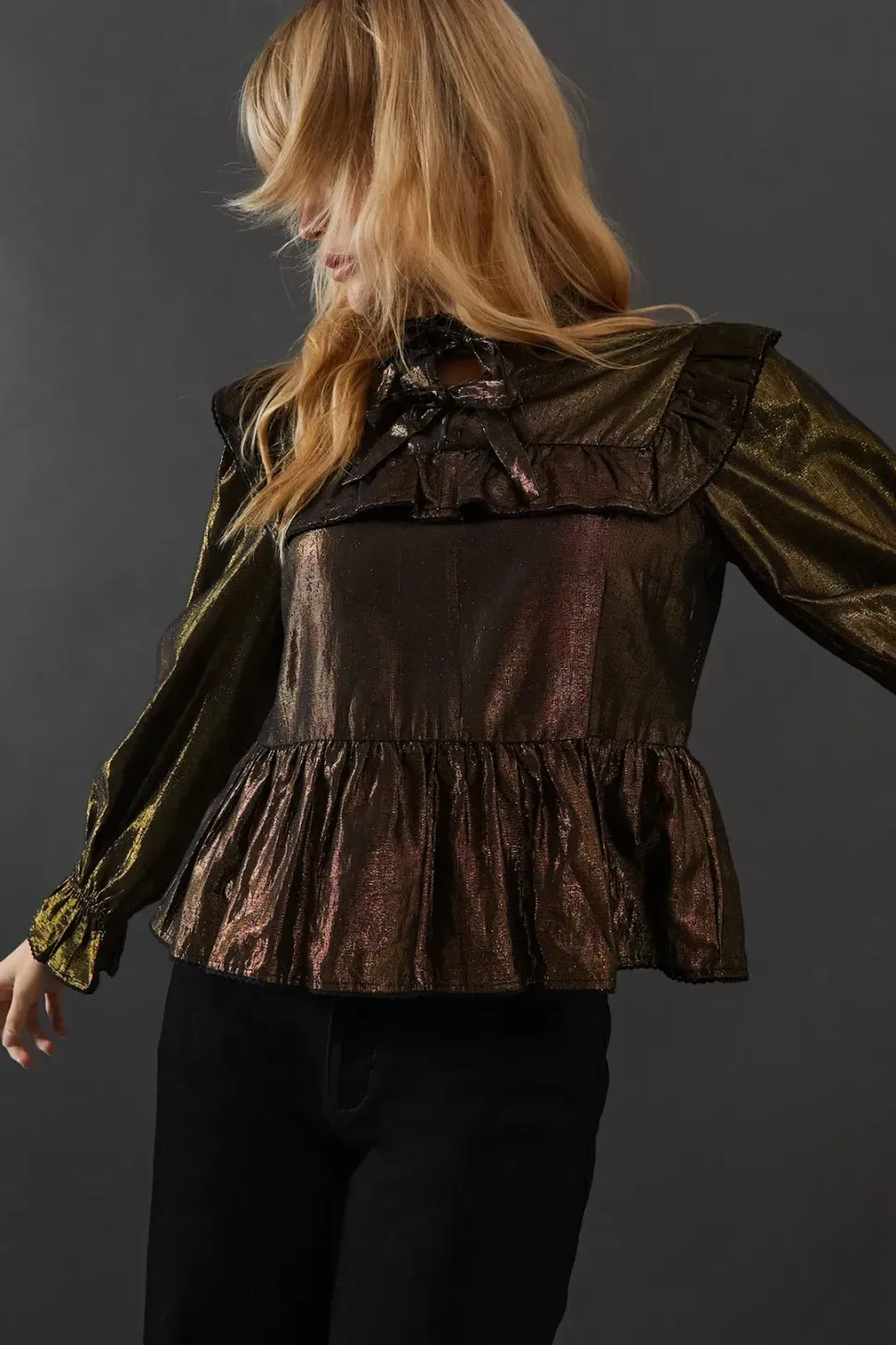 Metallic Yoke Frill Tie Neck Blouse