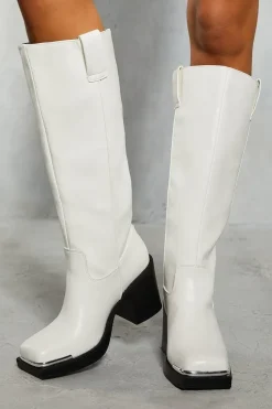 Metal Square Toe Block Heel Boots