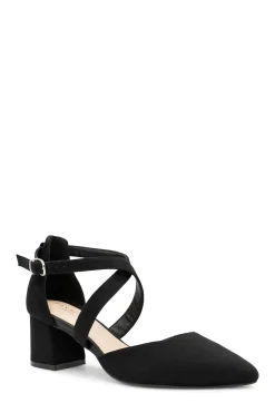Micro Suede 'Ffion' Wide Fit Mid Block Heel Cross Strap Court Shoe