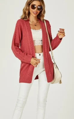 Midi Cable Knit Cardigan in Rusty Red