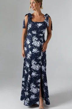 Midnight Bloom Printed Satin Tie Shoulder Maxi Bridesmaids Dress