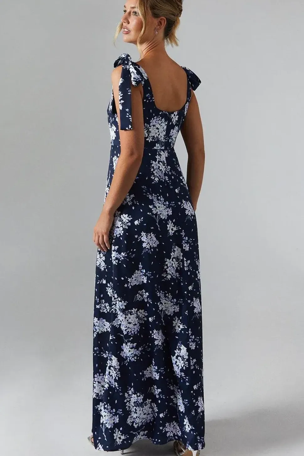 Midnight Bloom Printed Satin Tie Shoulder Maxi Bridesmaids Dress