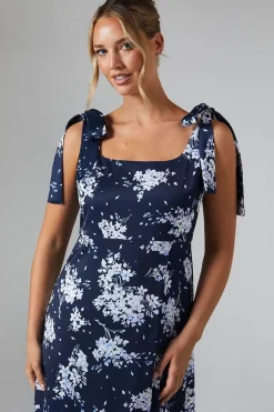 Midnight Bloom Printed Satin Tie Shoulder Maxi Bridesmaids Dress
