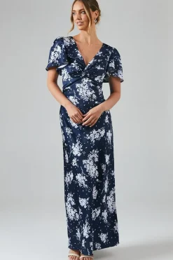 Midnight Bloom Printed Satin Twist Front Angel Sleeve Maxi Bridesmaids Dress