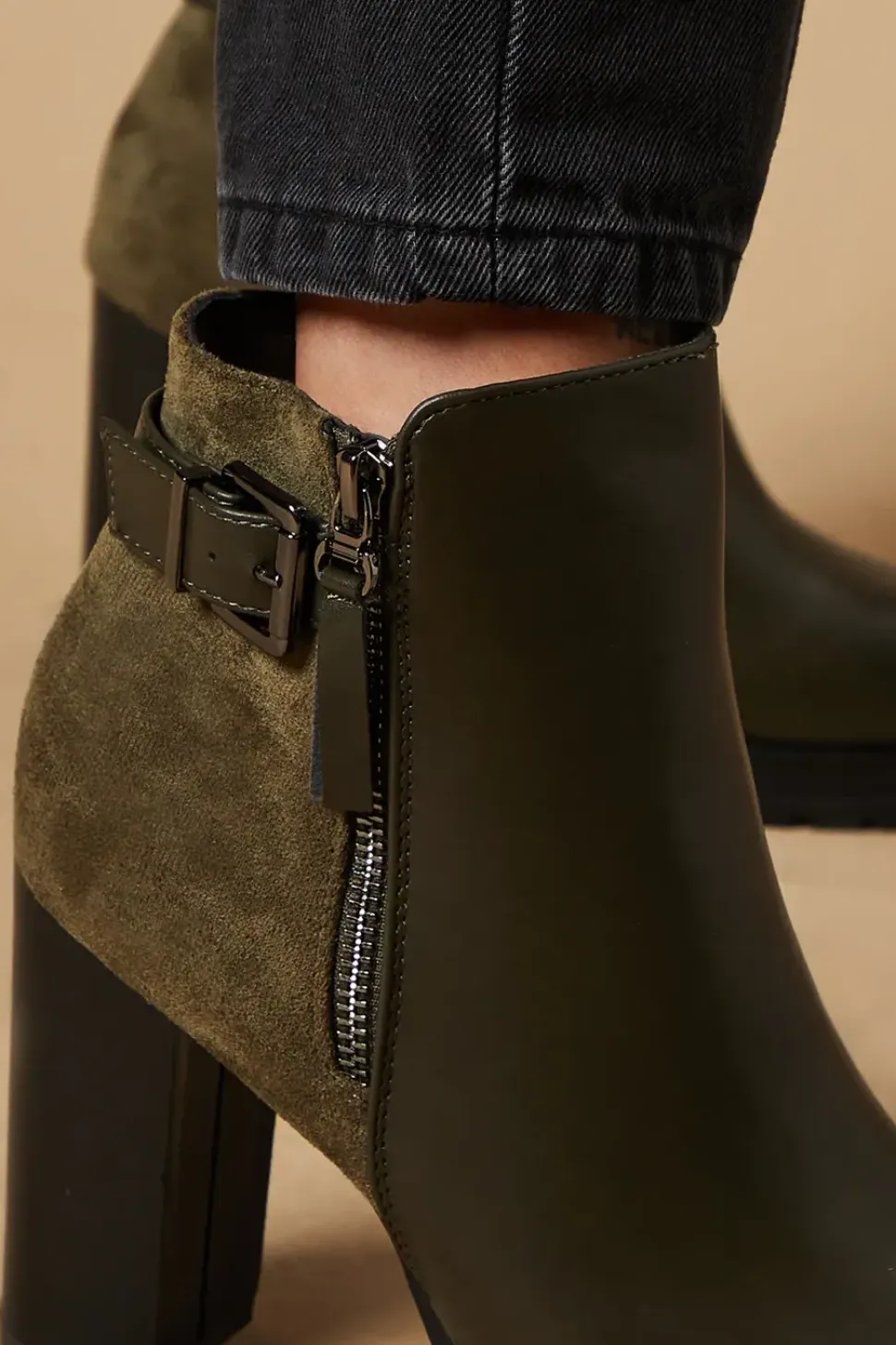 Mika Buckle Detail Side Zip High Block Heel Platform Ankle Boot