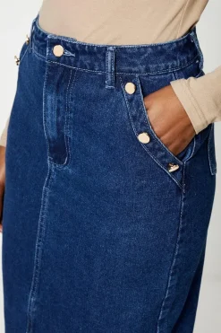 Military Button Midi Denim Skirt